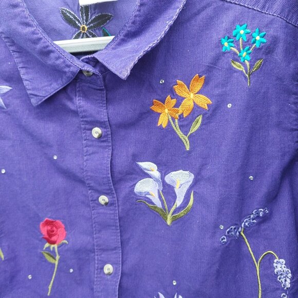 Quacker Factory Womens Corduroy Shirt Size 1X Purple Embroidered Floral - Picture 9 of 9